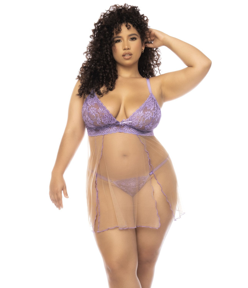 Nuisette grande taille couleur lavande et chair Verona, en dentelle et résille transparente - MAL7540XLLCN